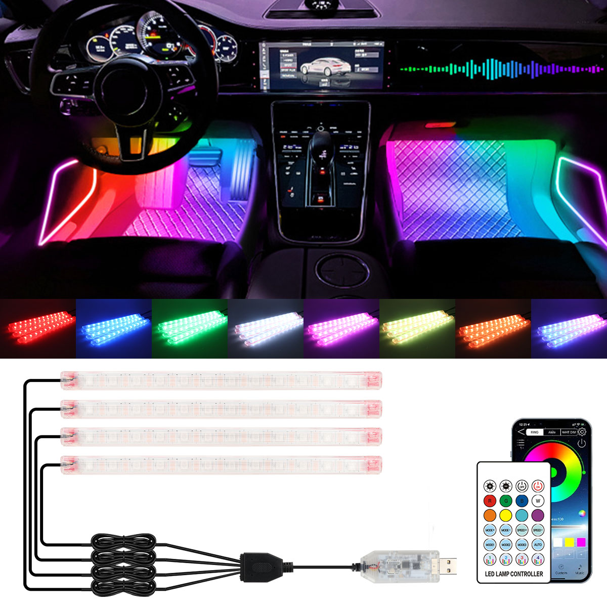 Car Ambient Light Kit With Remote - 2/4in1 12/18 LED RGB 레인보우 분위기