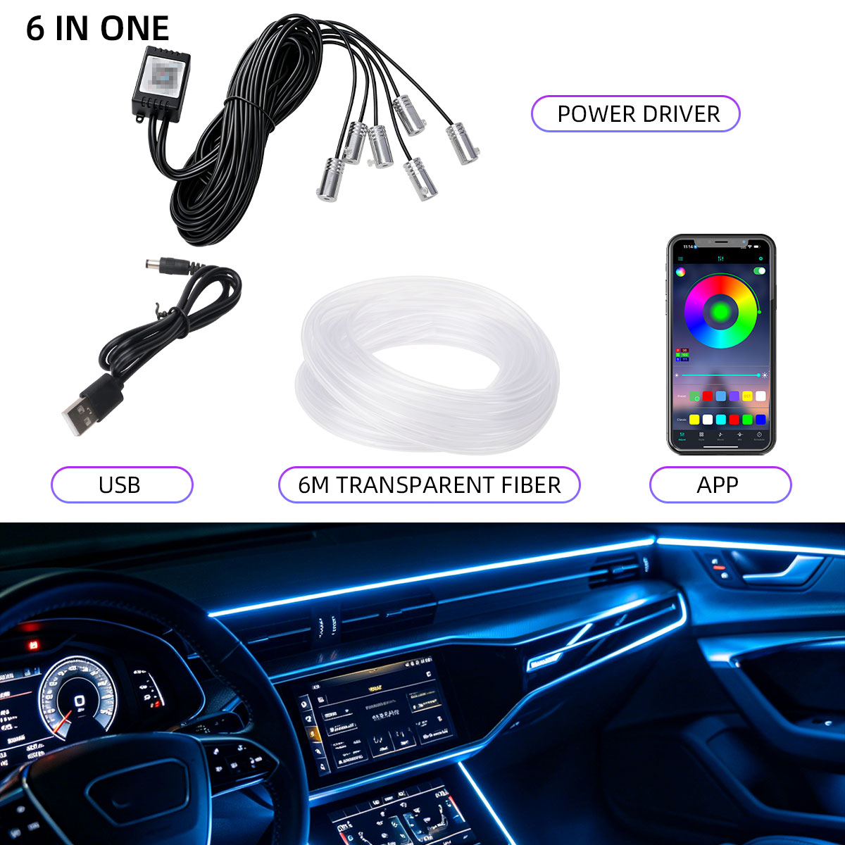 Car Dashboard Light Fiber Optic - 4/5/6in1 자동차 실내 광섬유 무드등 앱