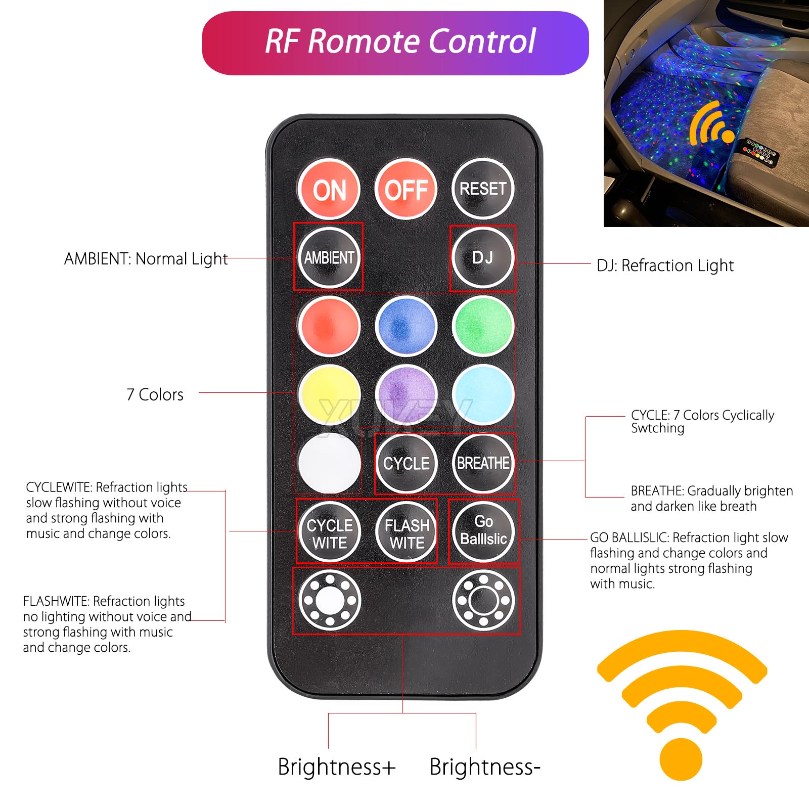 충전식 자동차 인테리어 조명, 무선 RGB 분위기 네온 - Car Ambient Light Kit With Remote 리뷰 및 가격