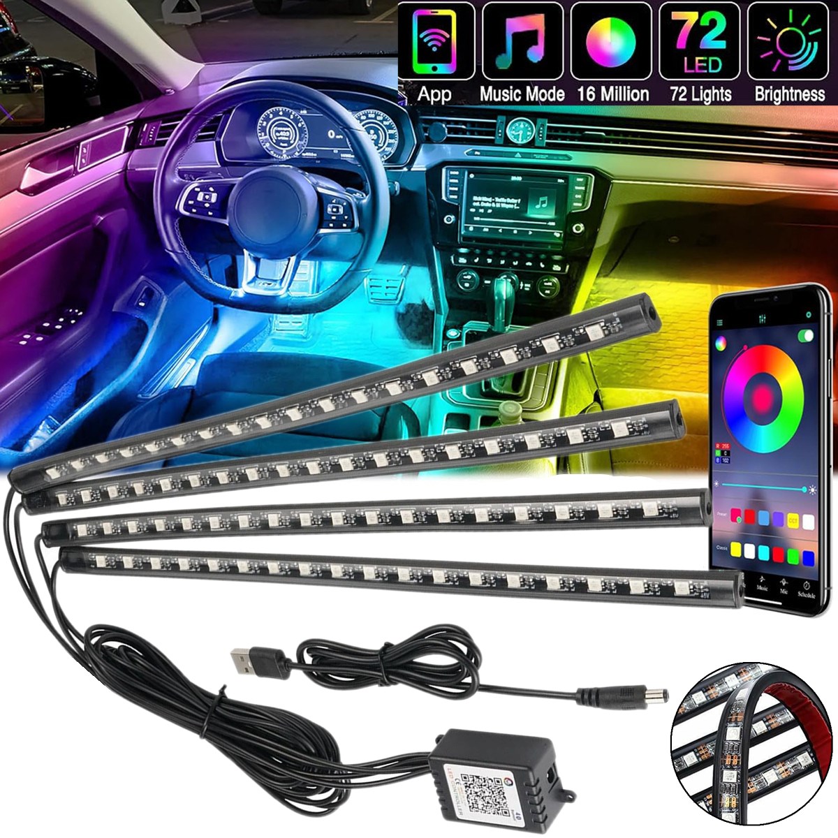 4개 72 LED RGB 자동차 실내 분위기 조명 스트 - Car Interior Neon Light Usb 리뷰 및 가격