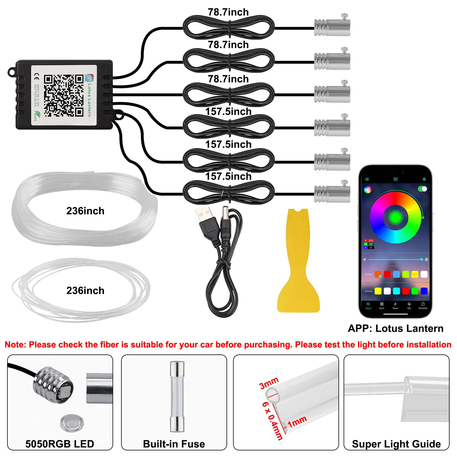 RGB LED 자동차 실내 조명 키트 6 in 1 광섬 - Car Ambient Light Kit With Remote 리뷰 및 가격