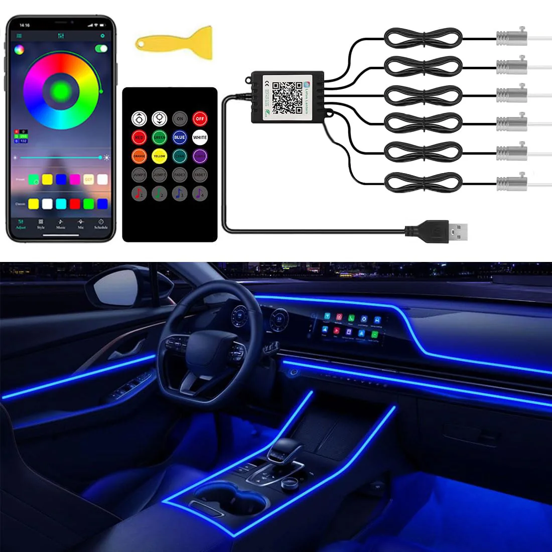 RGB LED 자동차 실내 조명 키트 6 in 1 광섬 - Car Ambient Light Kit With Remote 리뷰 및 가격